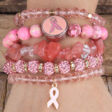 Pink Ribbon Charm 5pc Stack Bracelets Set Breast Cancer Awareness Jewelry