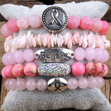 Pink Ribbon Charm 5pc Stack Bracelets Set Breast Cancer Awareness Jewelry
