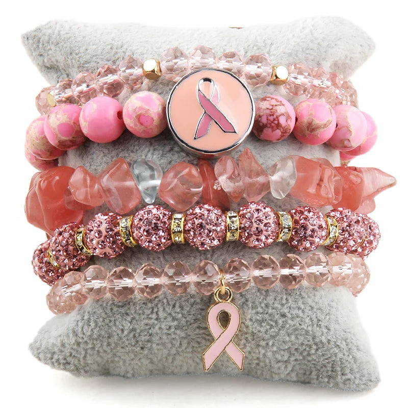 Pink Ribbon Charm 5pc Stack Bracelets Set Breast Cancer Awareness Jewelry