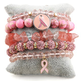 Pink Ribbon Charm 5pc Stack Bracelets Set Breast Cancer Awareness Jewelry
