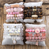 Pink Ribbon Charm 5pc Stack Bracelets Set Breast Cancer Awareness Jewelry