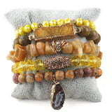 5pc Beaded Bracelet Set with Druzy Charm, Women's Gift Jewelry