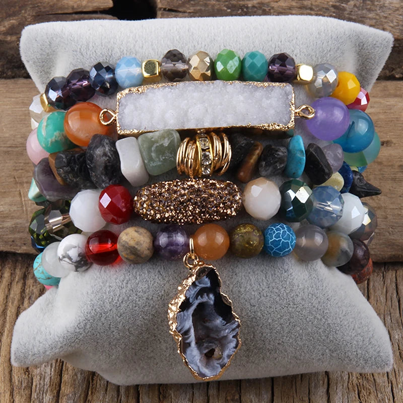 5pc Beaded Bracelet Set with Druzy Charm, Women's Gift Jewelry