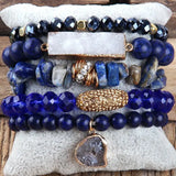 5pc Beaded Bracelet Set with Druzy Charm, Women's Gift Jewelry