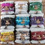 5pc Beaded Bracelet Set with Druzy Charm, Women's Gift Jewelry