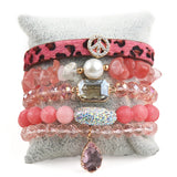 5pc Leather Peace Charm Beaded Bracelet Set Women's Jewelry Gift