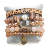 5pc Leather Peace Charm Beaded Bracelet Set Women's Jewelry Gift