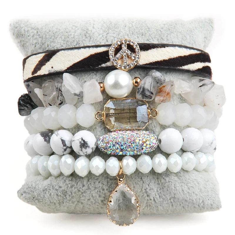 5pc Leather Peace Charm Beaded Bracelet Set Women's Jewelry Gift