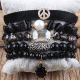 5pc Leather Peace Charm Beaded Bracelet Set Women's Jewelry Gift