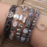 5pc Leather Peace Charm Beaded Bracelet Set Women's Jewelry Gift
