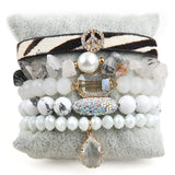 5pc Leather Peace Charm Beaded Bracelet Set Women's Jewelry Gift