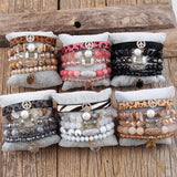 5pc Leather Peace Charm Beaded Bracelet Set Women's Jewelry Gift