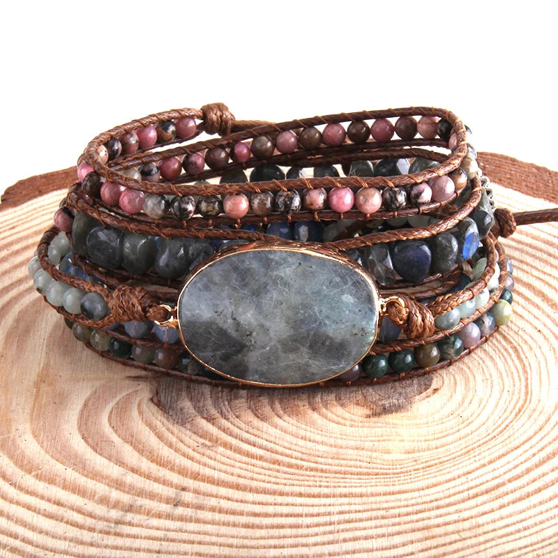 Bohemian Jewelry Purple & Gray Natural Stones Wrap Bracelet