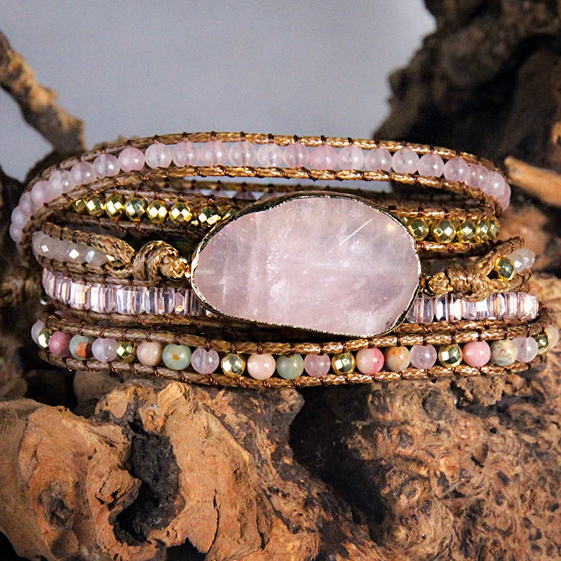 Boho Bracelet Natural Stones Pink Charm 5 Strands Wrap Bracelets Women