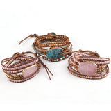 Boho Bracelet Natural Stones Pink Charm 5 Strands Wrap Bracelets Women