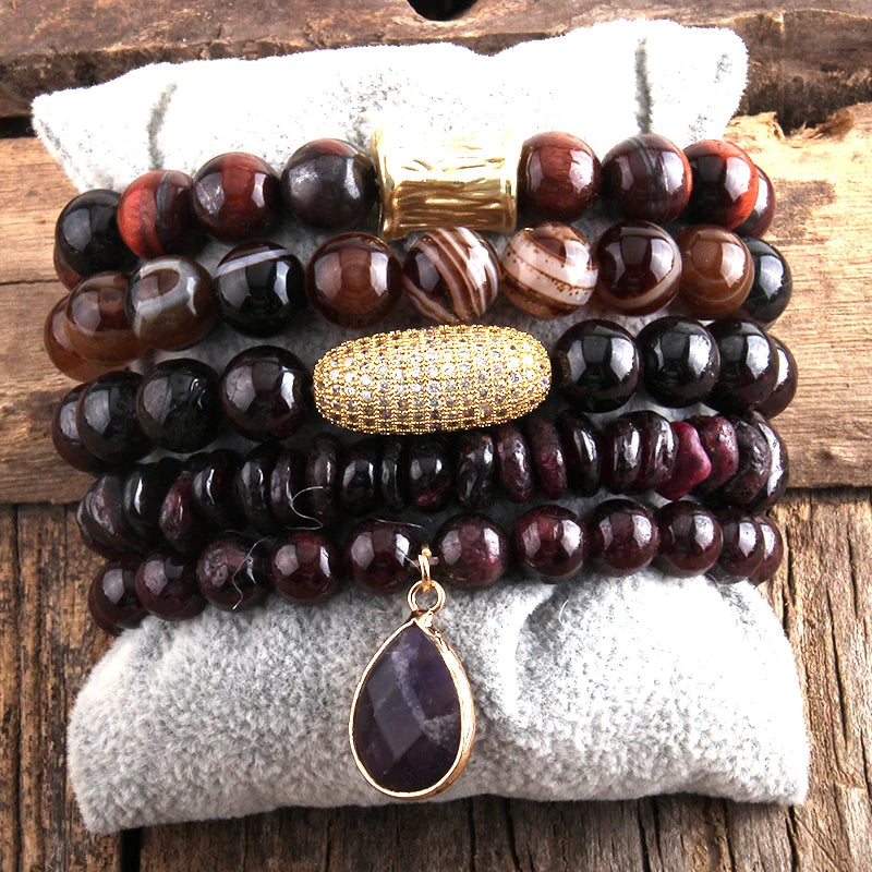 RH Natural Stone & Glass Beaded Bracelet Bangle Set 5pcs