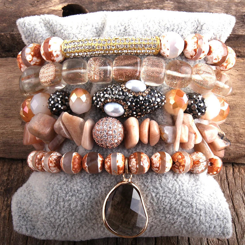 Boho Bracelet Set Natural Stone 5pc Beaded Bracelets For Women