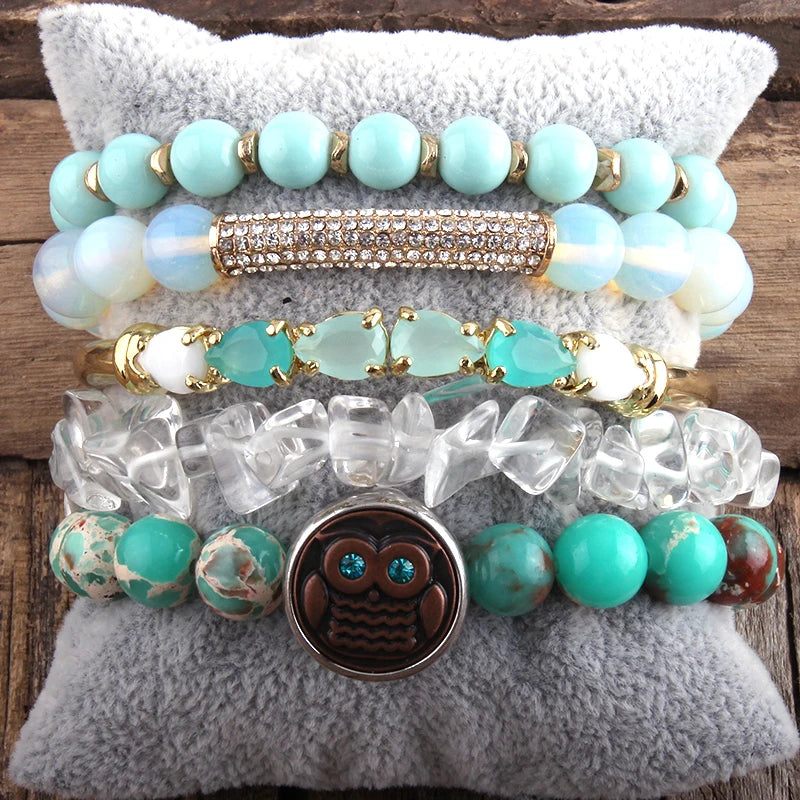 RH Semi Precious Stone Beaded Bracelet Bangle Set 5pc