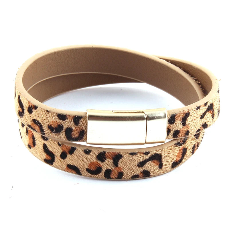 RH Women Armbander Magnetic Clasp Double Row Leopard Leather Wrap Bracelet