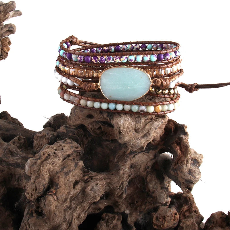 RH Dalmatian Jasp Mixed Stone Crystal Armband 5 Strands Wrap Bracelets