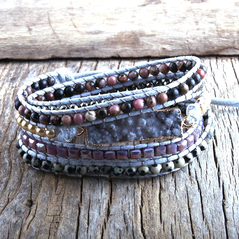 RH Women Vegan Boho Bracelet Gray Mixed Natural Stones Druzy Charm