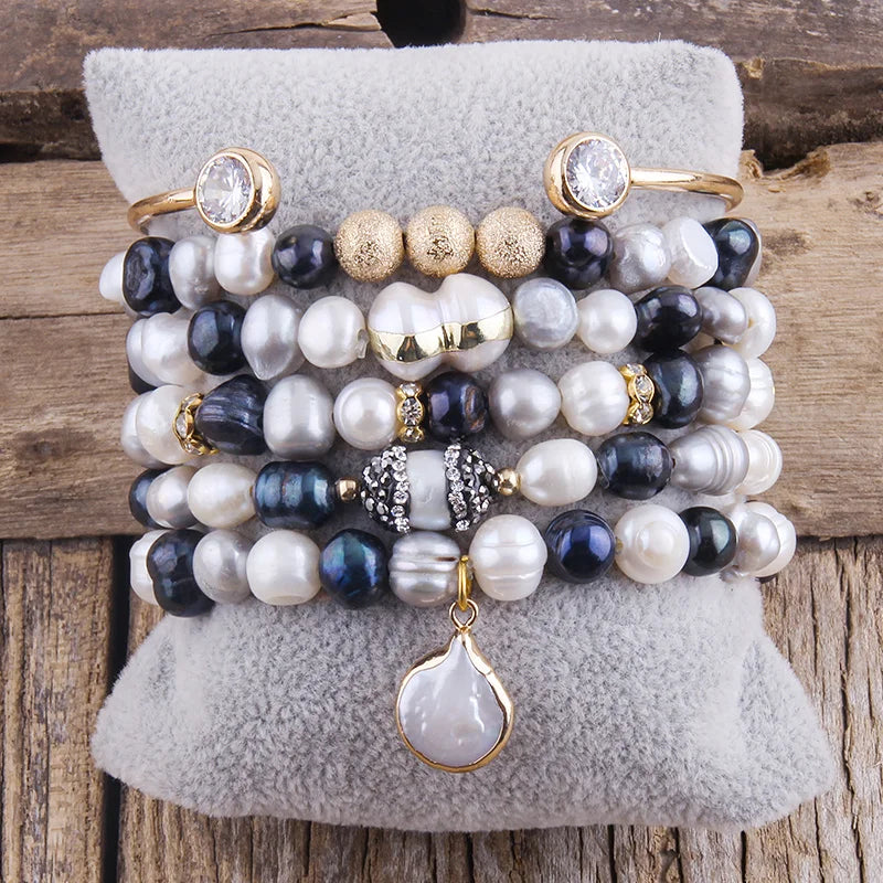 Boho Pearl Beaded Bracelet Stack - Freshwater Pearl Strand Set
