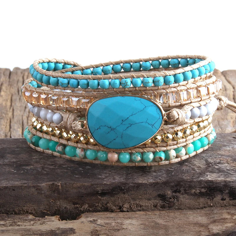 RH Boho Bracelet Natural Stones Grass Turq Stone Charm 5 Strands