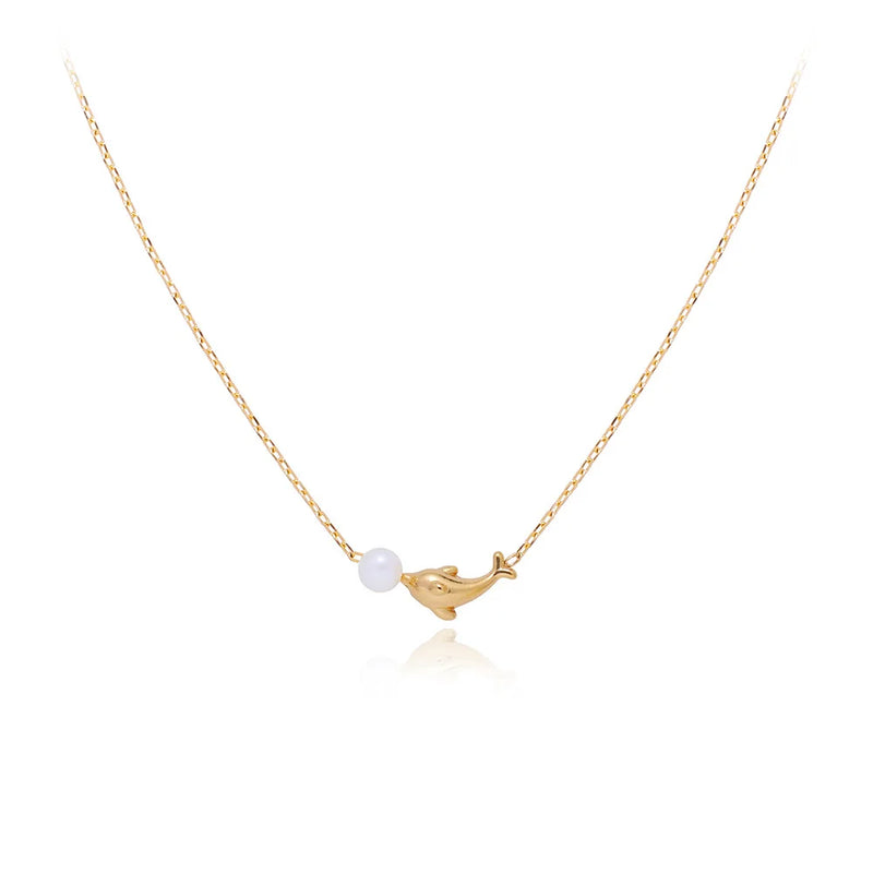 RHYSONG Dolphin Pendant Necklace Stainless Steel Chain Freshwater Pearl Charm