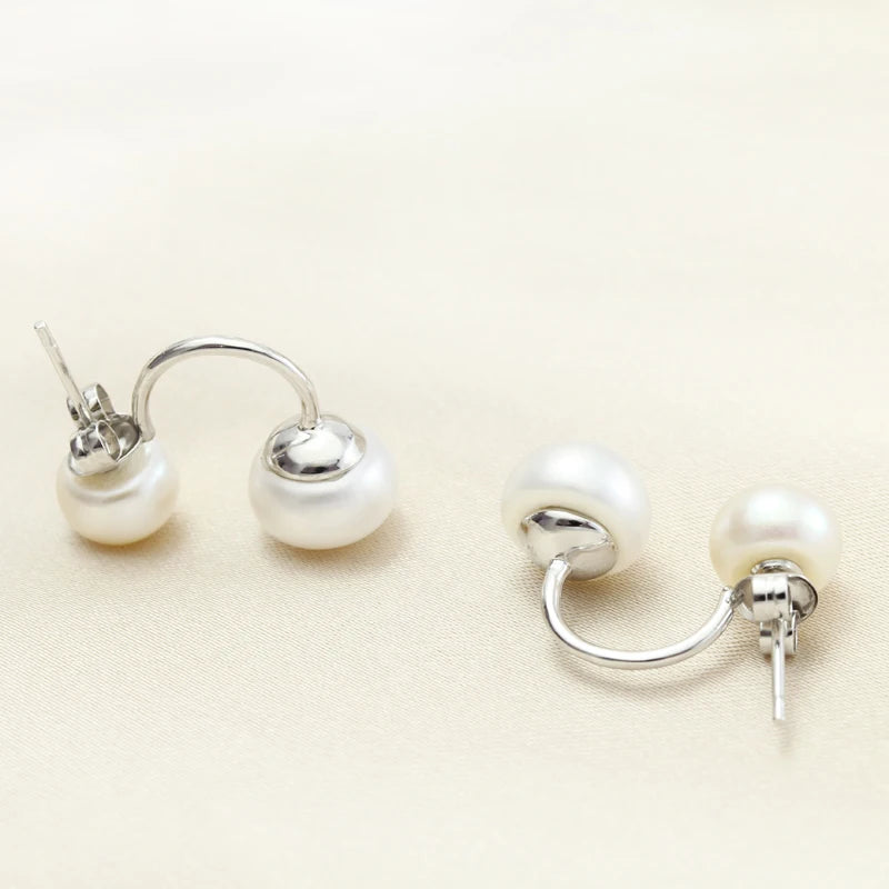 925 Silver Freshwater Double Pearl Earrings Wedding Jewelry
