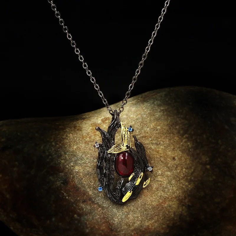 925 Silver Ruby Pendant Necklace Vintage Branch Choker Chain