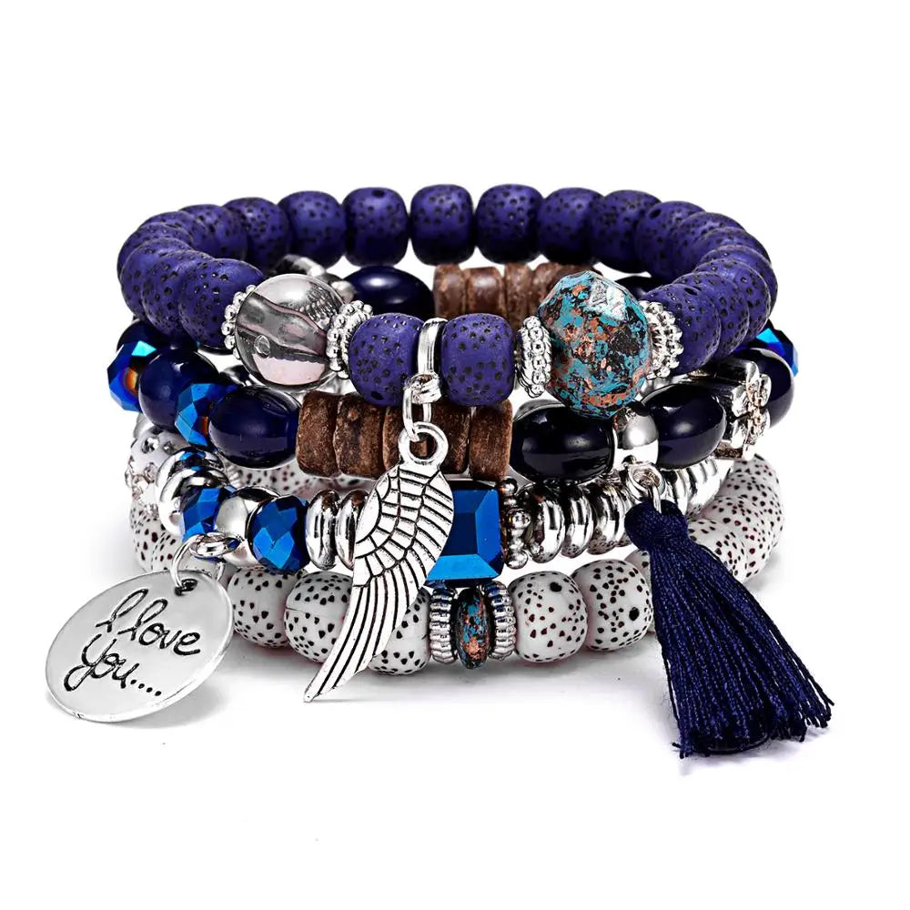 Vintage Crystal Bead Bracelet Set with Tassel Natural Stone Wristband