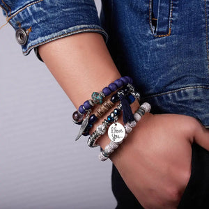 Vintage Crystal Bead Bracelet Set with Tassel Natural Stone Wristband