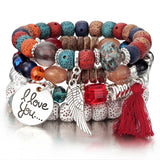 Vintage Crystal Bead Bracelet Set with Tassel Natural Stone Wristband