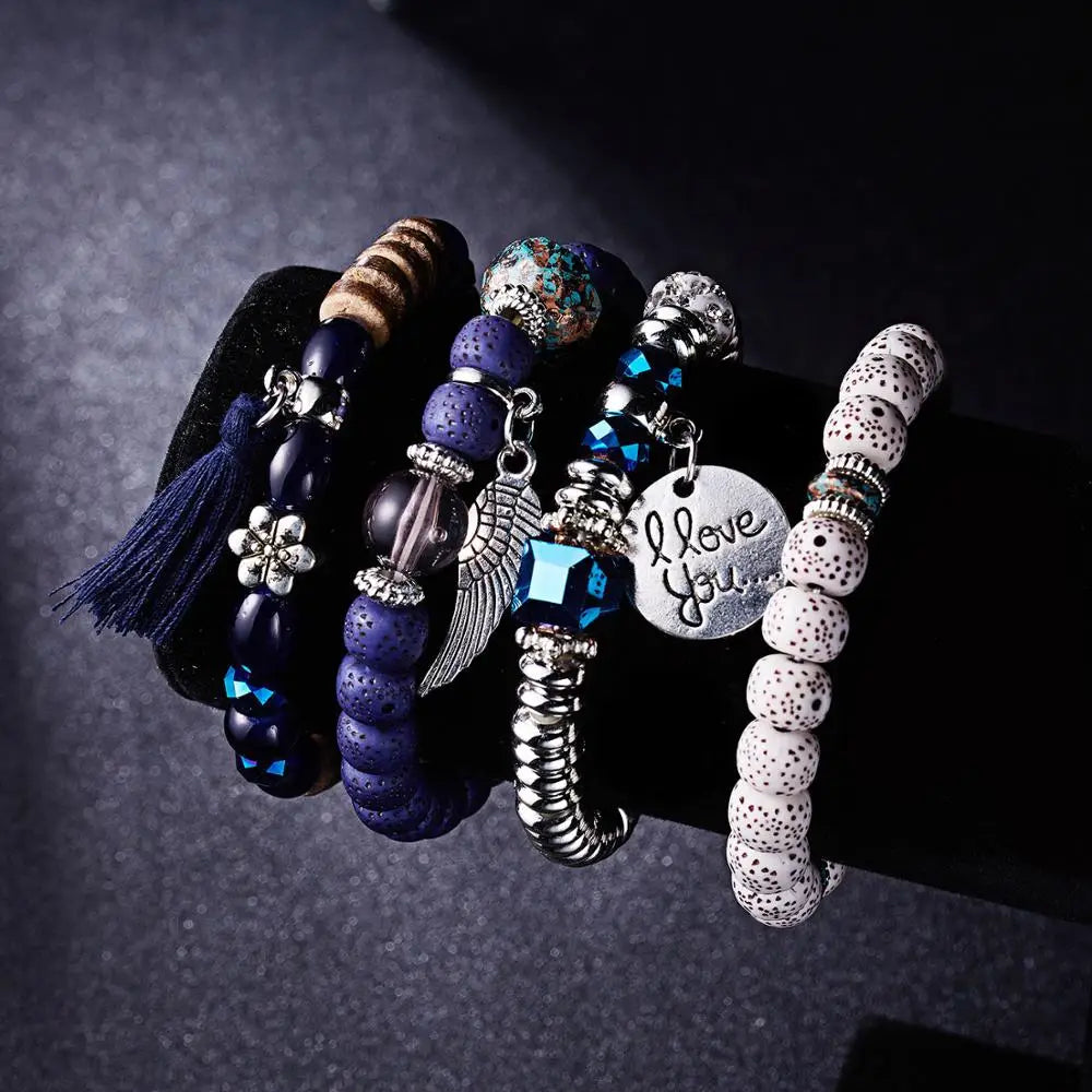 Vintage Crystal Bead Bracelet Set with Tassel Natural Stone Wristband