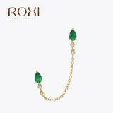 RIXO Green Crystal CZ Chain Tassel Stud Earrings Sterling Silver 1 Piece
