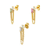 925 Silver Long Double Chain Zircon Earring Drop CZ Wedding Party Bride