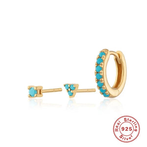925 Silver Crystal Hoop Earrings Set for Women Turquoise Piercing Jewelry