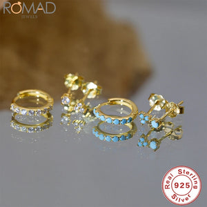 925 Silver Crystal Hoop Earrings Set for Women Turquoise Piercing Jewelry