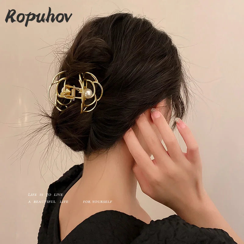 Retro Pearl Camellia Clip Metal Female Back Hair Hairpin