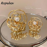 Retro Pearl Camellia Clip Metal Female Back Hair Hairpin