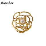 Retro Pearl Camellia Clip Metal Female Back Hair Hairpin