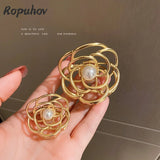 Retro Pearl Camellia Clip Metal Female Back Hair Hairpin