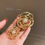 Retro Pearl Camellia Clip Metal Female Back Hair Hairpin