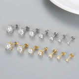925 Silver Stud Earrings Single Grain 4 Prongs Round Zircon Minimalist Gift
