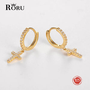 Zircon Cross Pendant Hoop Earrings 925 Sterling Silver Jewelry