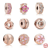 Pink Flower Safety Bead Clip Charm for 925 Silver Bracelet