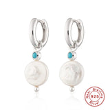 Baroque Irregular Pearls Earrings 925 Silver Turquoise Stone Hoop Earrings