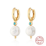 Baroque Irregular Pearls Earrings 925 Silver Turquoise Stone Hoop Earrings