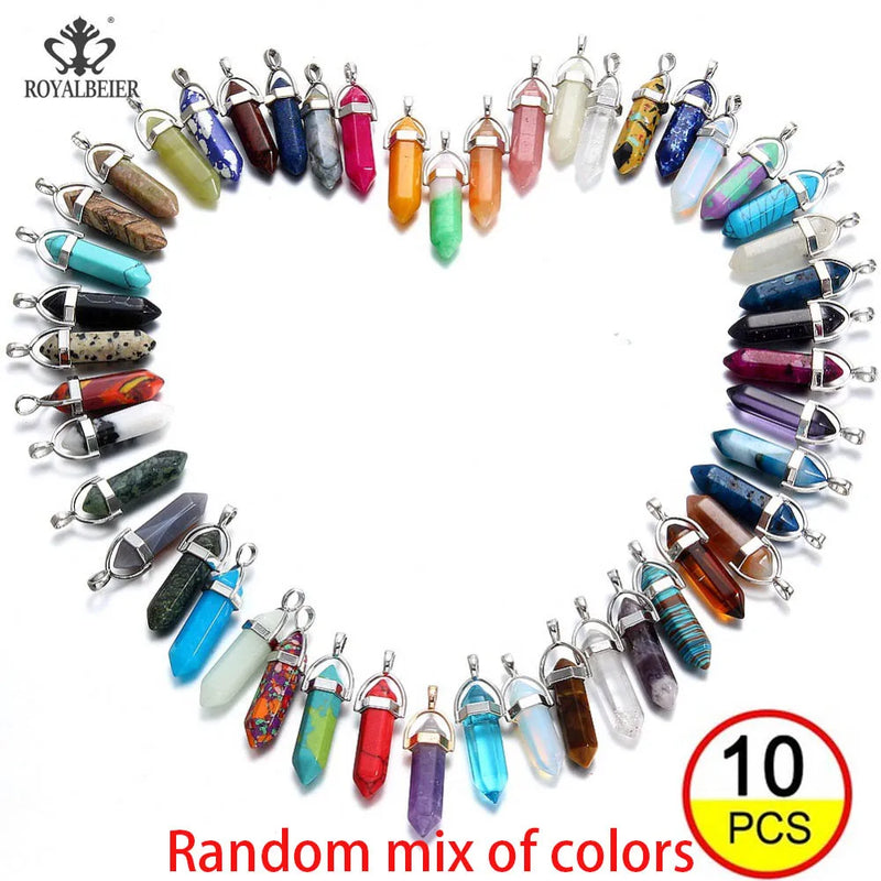 10pcs Natural Stone Quartz Bullet Hexagon Point Pendulum Column