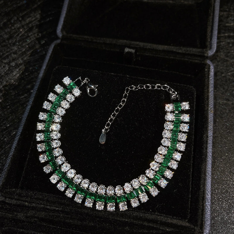 Green Cubic Zirconia Bracelet Women's Silver Tennis Bangle Party Gift